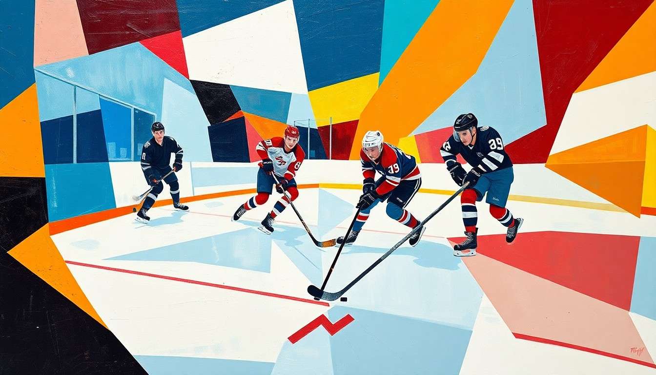 A fragmented, geometric painting depicting the dynamic movements and energy of a hockey game, with the team colors of the Minnesota Frost and New York Sirens woven throughout the abstract shapes and angles.