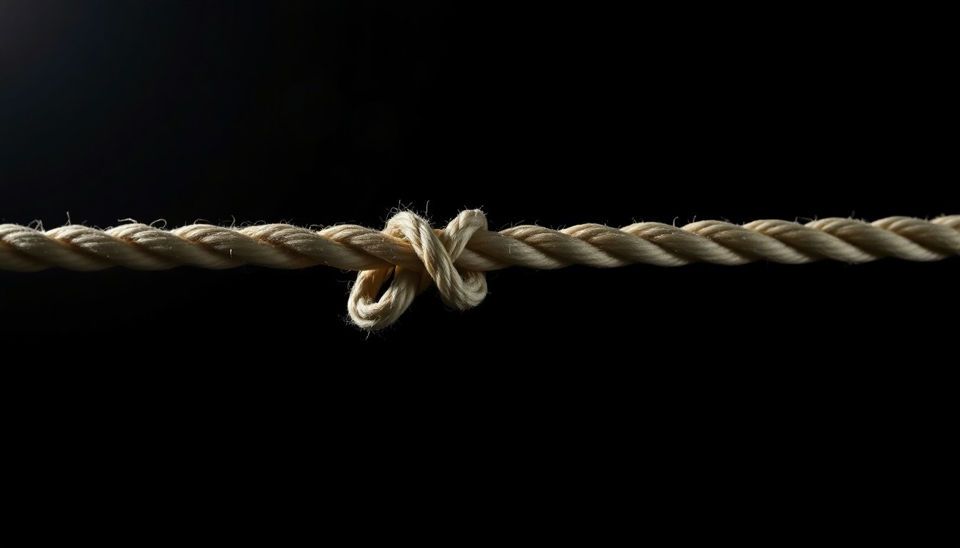 An extreme close-up photograph of a length of rope against a pitch-black background, lit by a harsh, direct camera flash, conceptually representing the physical evidence linking the suspect to the crime scene.
