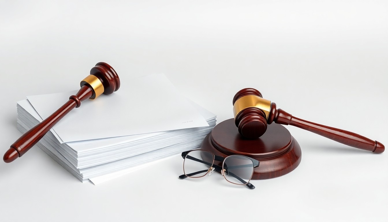 A minimalist, photorealistic studio still life featuring a stack of legal documents, a gavel, and a pair of glasses, conceptually representing the abstract legal proceedings and corporate strategy behind the court's decision.