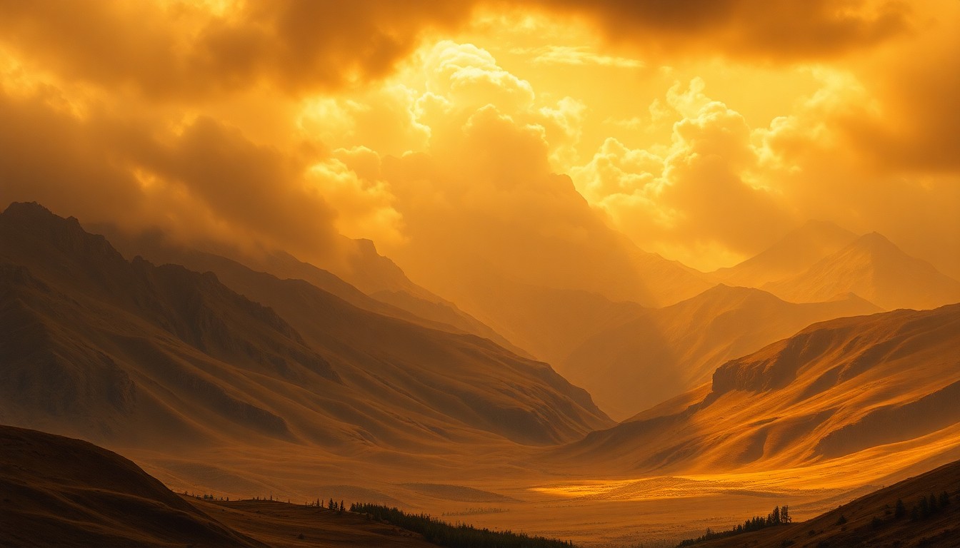 A vast, majestic landscape painting depicting the Colorado Front Range mountains shrouded in a hazy, golden-orange glow, with the towering peaks and rolling foothills dwarfed by the overwhelming scale of the billowing clouds filling the sky, conveying a sense of impending atmospheric change and the sublime power of nature.