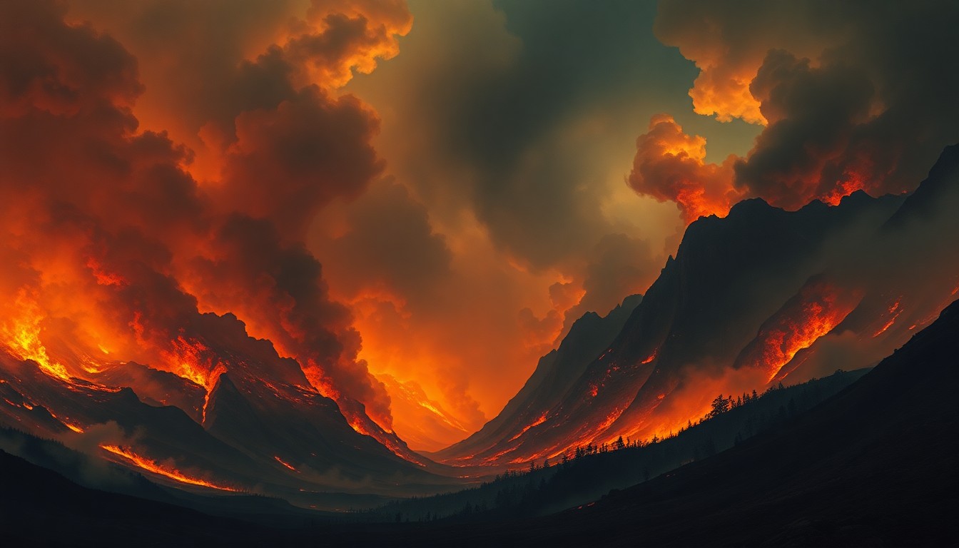 A vast, atmospheric landscape painting depicting a massive wildfire consuming the horizon, with the flames and smoke dwarfing any physical structures or objects in the scene, conveying the overwhelming power of nature.