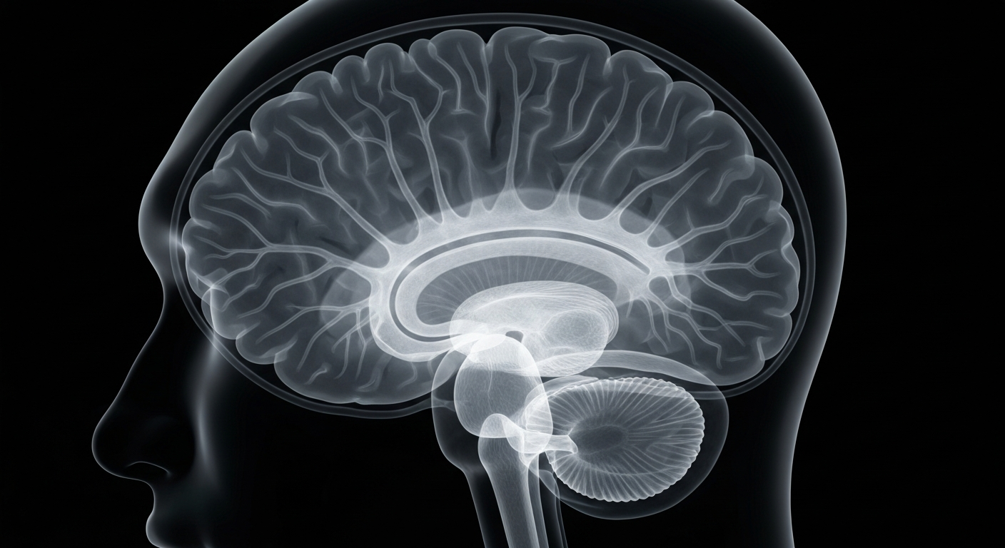A ghostly, translucent X-ray image of a human brain, with glowing lines tracing the intricate neural pathways, conveying the clinical and scientific nature of a sleep disorder linked to dementia.