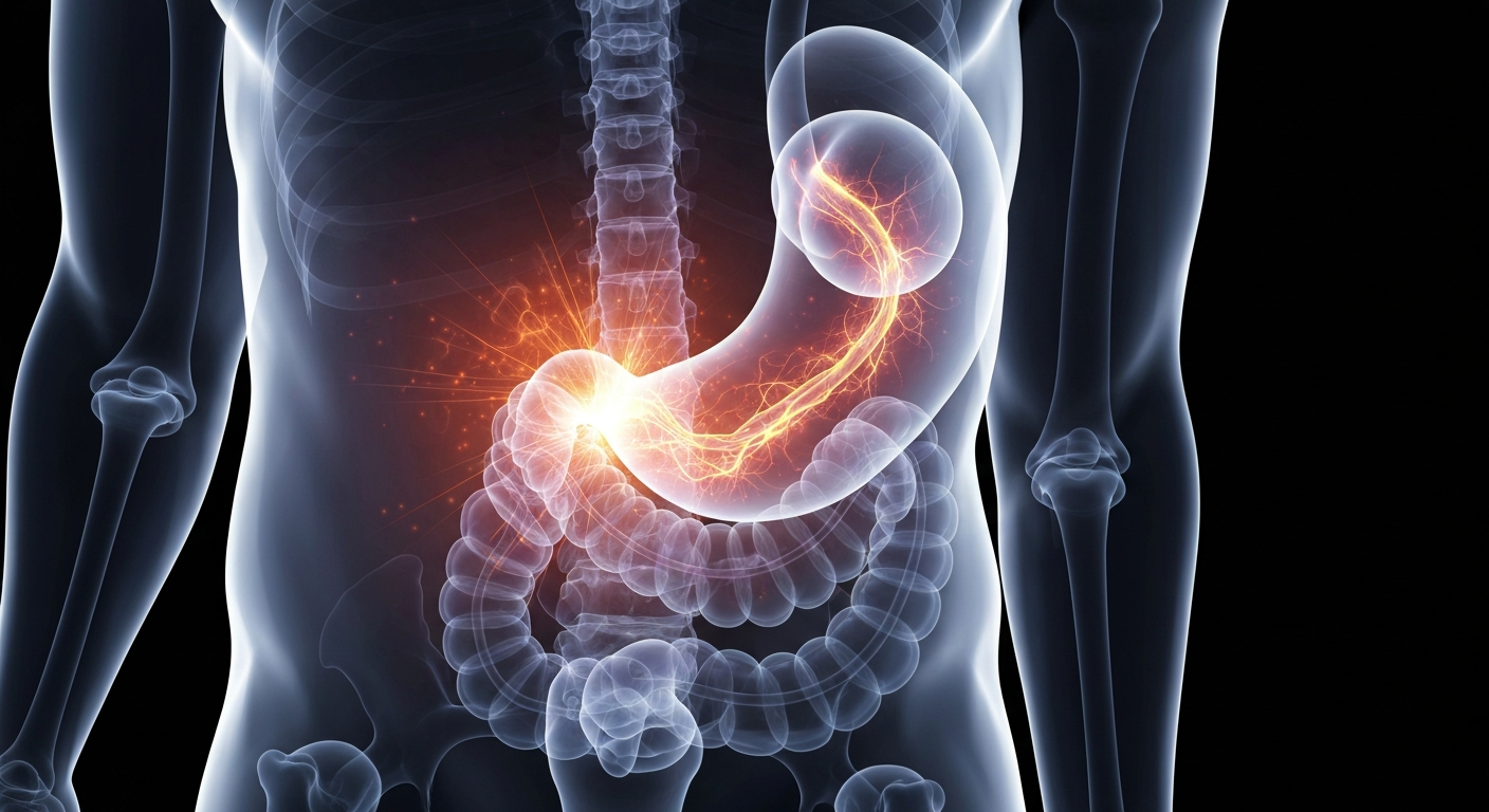 A translucent, ghostly X-ray image showing the internal structures of the human digestive system, with a glowing, energetic quality that conceptually represents the complex biological mechanisms involved in weight regulation.