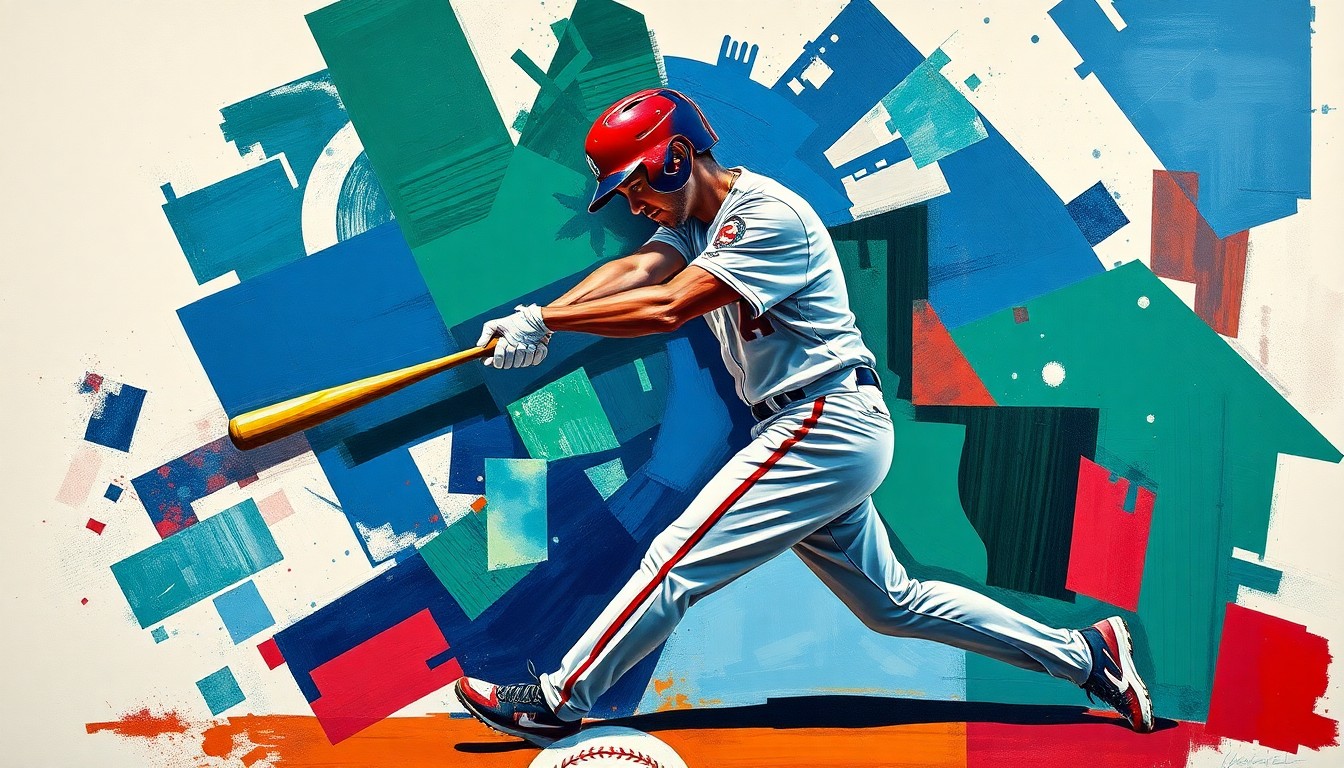 A cubist-style painting depicting a baseball player's batting or fielding motion broken down into sharp, overlapping geometric shapes in a vibrant color palette, capturing the energy and movement of the game.