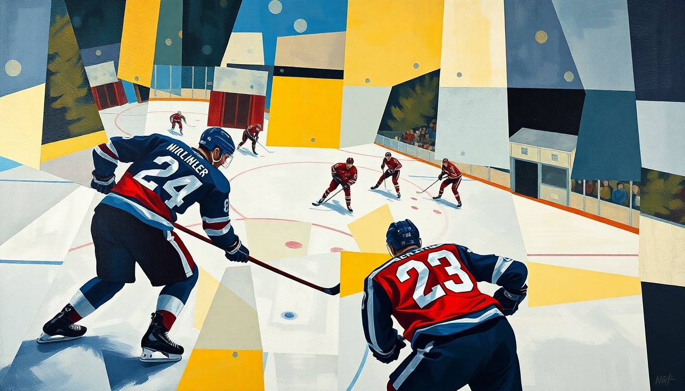 A cubist, geometric painting depicting a hockey game in motion, with players and the ice surface broken down into abstract shapes and planes of color, capturing the intensity and movement of the sport.