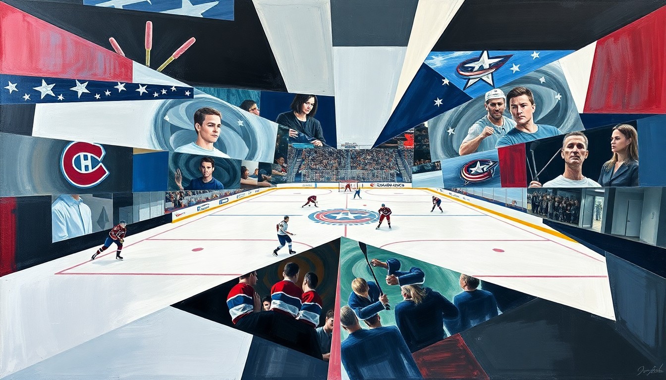 A fragmented, geometric painting depicting a hockey game, with players and the rink broken down into sharp, overlapping planes of color, conveying the dynamic energy and tension of the matchup.