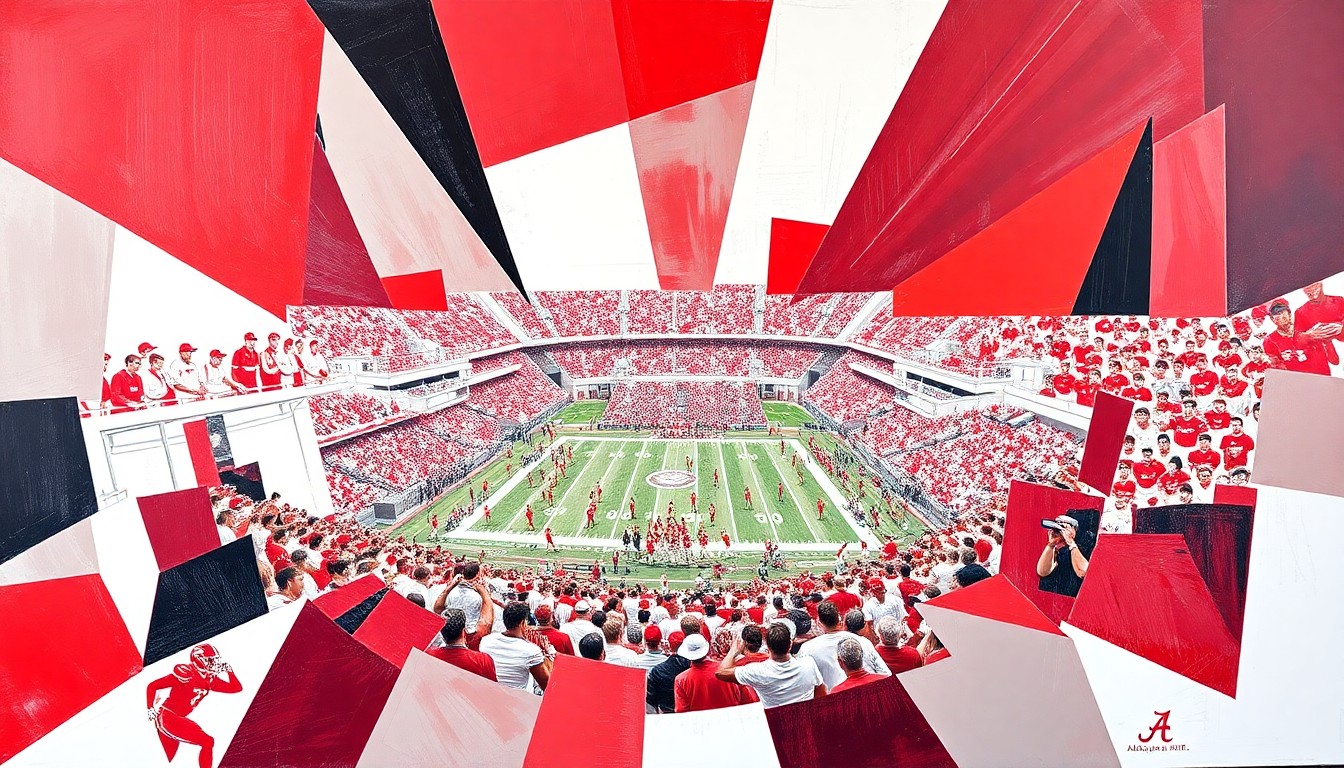 A fragmented, geometric painting in shades of crimson, white, and gray, depicting the dynamic action and intensity of an Alabama football scrimmage.
