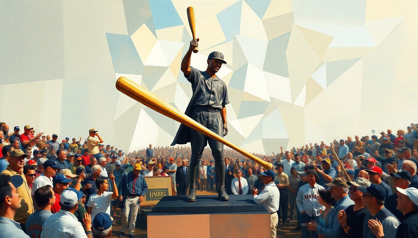 A cubist painting depicting the statue unveiling ceremony, with the broken bat at the center surrounded by fragmented figures and geometric shapes representing the crowd and the event.