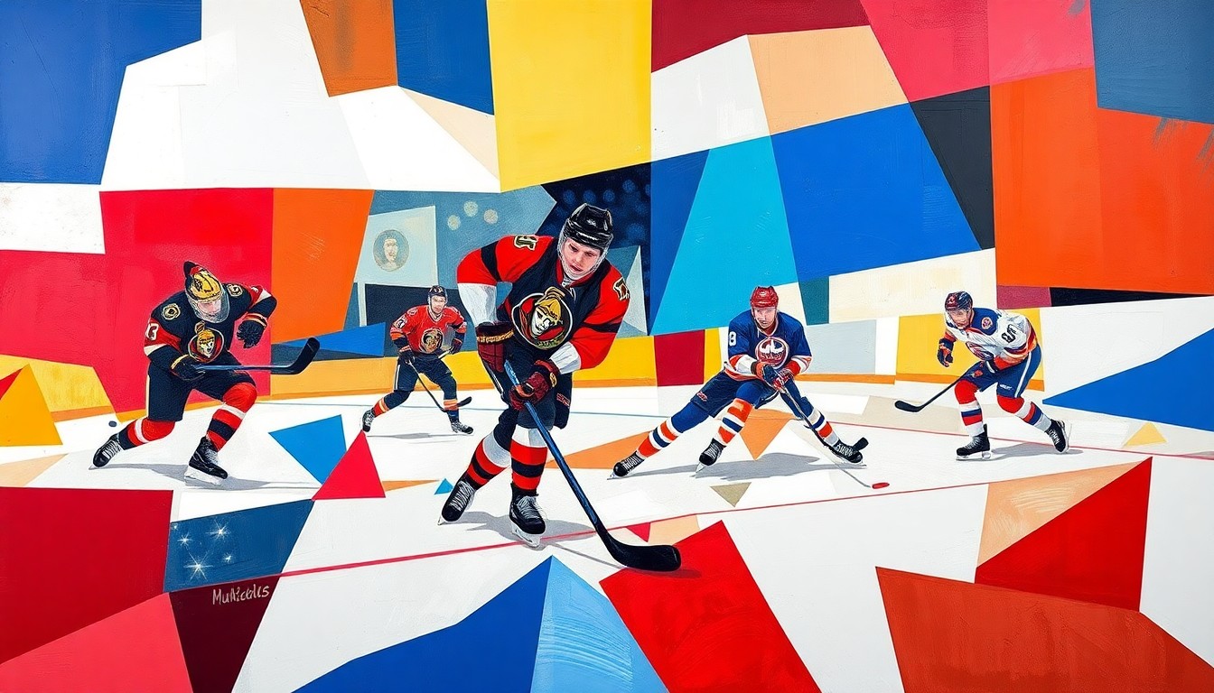 A fractured, multi-perspective painting depicting a hockey game between the Ottawa Senators and New York Islanders, with the players and puck represented as fragmented, angular shapes in a vibrant color palette, conceptually illustrating the Senators' resilient playoff push.