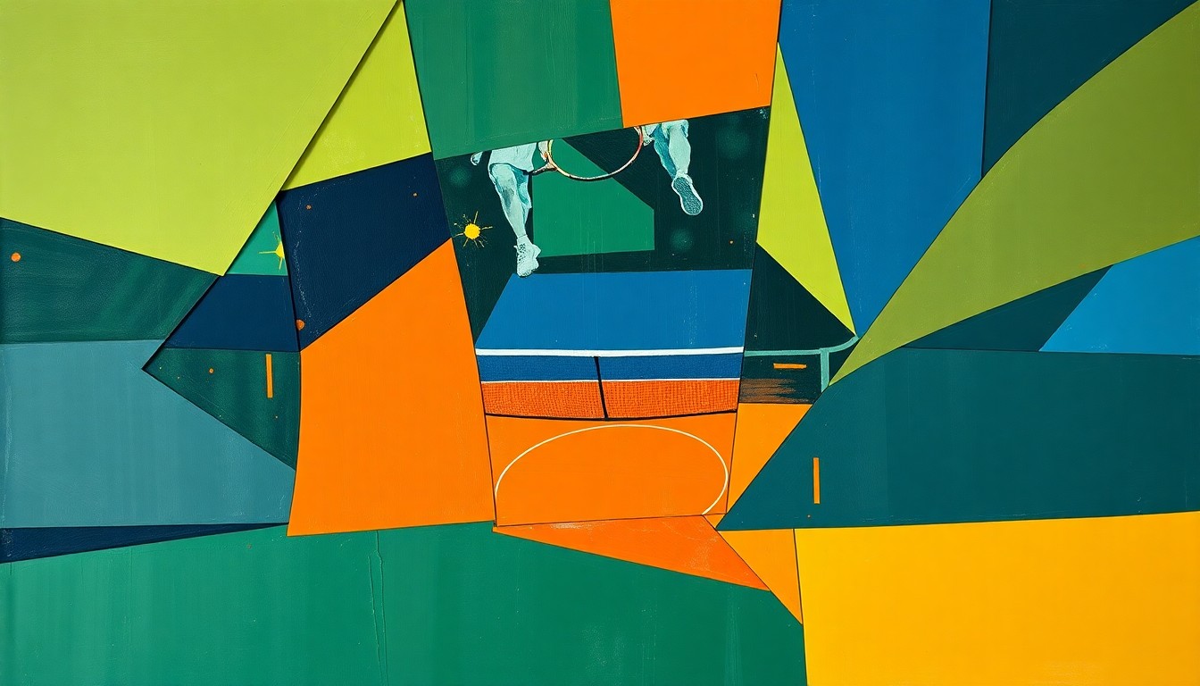 A cubist, geometric painting depicting a high school tennis match, with overlapping planes of navy, green, and orange conveying the dynamic energy of the sport.