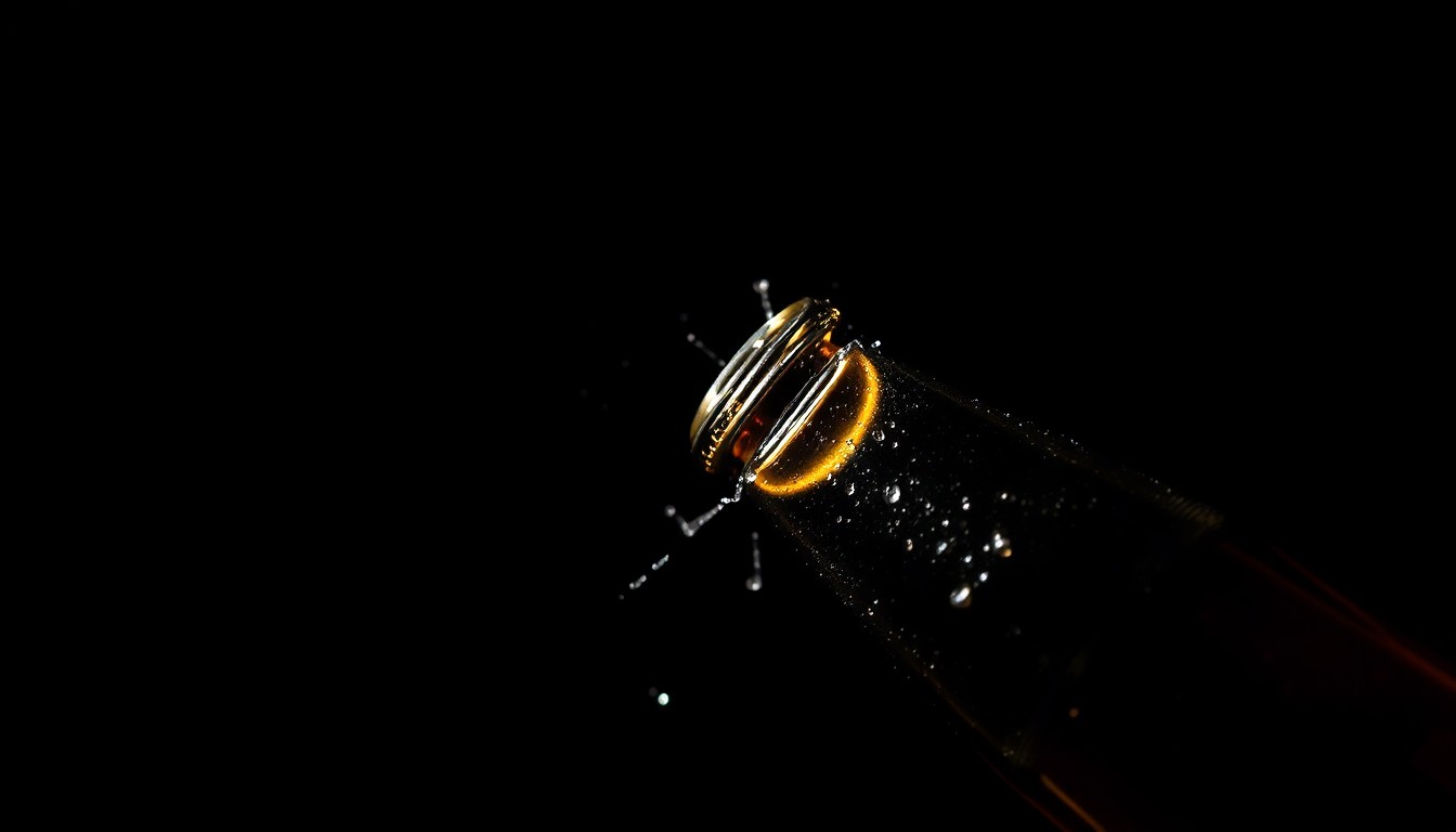 An extreme close-up photograph of a broken beer bottle, its jagged edges and textured glass capturing the harsh, sudden nature of the crime under a bright, direct flash of light against a dark backdrop.