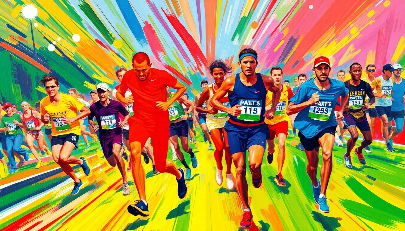 An abstract, energetic painting in vivid neon colors, capturing the raw movement and community spirit of the Pat's Run event honoring the legacy of Pat Tillman.