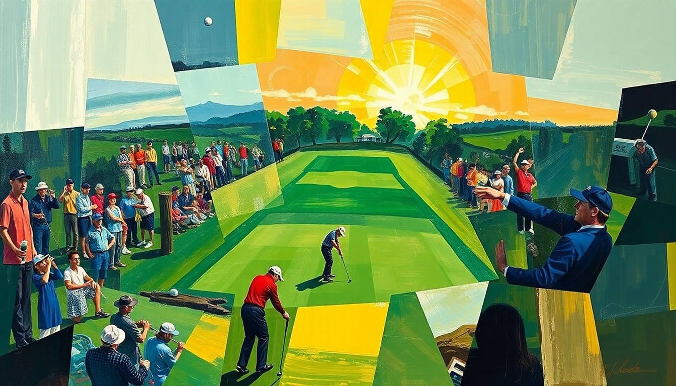 A fragmented, geometric painting depicting a golf match or competition, with sharp, overlapping planes of color and form that capture the complex dynamics of exclusivity in the sport.