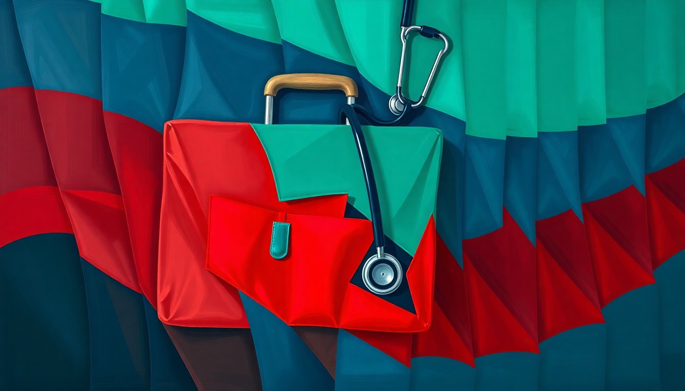 A fractured, abstract painting in shades of blue, green, and red depicting a doctor's medical bag and stethoscope, conveying the disruption caused by the detentions of Venezuelan medical professionals.