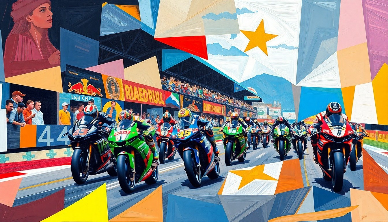 A fractured, multi-perspective painting in bold, vibrant colors, breaking down a MotoGP race scene into sharp, overlapping geometric planes, capturing the dramatic tension and shifting dynamics of the championship battle.