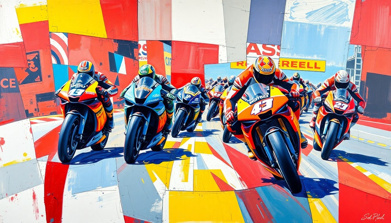 A fractured, cubist-style painting depicting a MotoGP race scene, with overlapping geometric shapes and planes in vibrant colors representing the high-energy and competitive nature of the sport.
