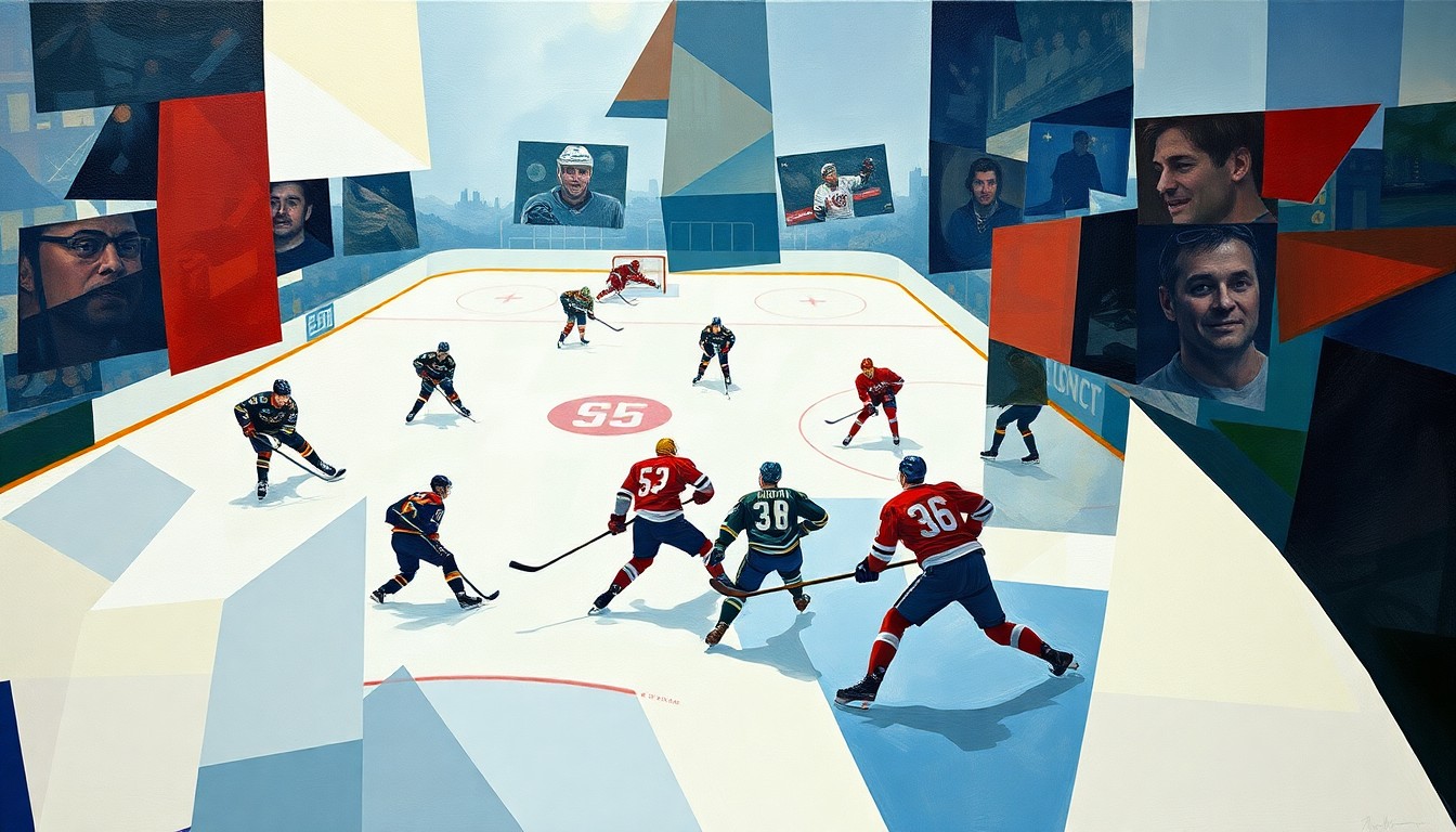 A cubist, geometric painting depicting a hockey game in abstract shapes and planes of color, capturing the raw energy and emotion of the event.
