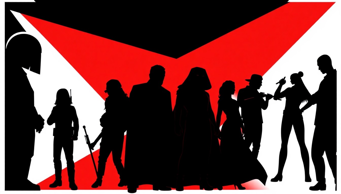 A striking abstract illustration composed of bold, geometric shapes and silhouettes in high-contrast colors, representing the diverse array of pop culture characters and fandoms present at the Vaca-Con convention.