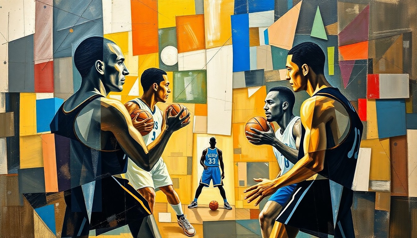 A cubist, geometric painting with overlapping planes and sharp angles, conceptually representing the dynamic energy and uncertainty surrounding the NBA draft decisions of Michigan's basketball players.