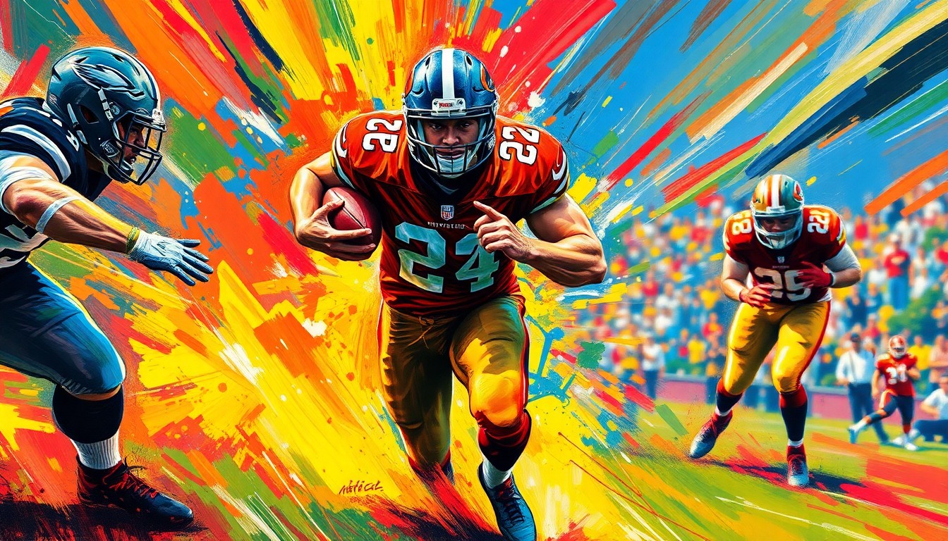An abstract, energetic painting using vibrant neon colors and expressive brushstrokes to depict the dynamic motion of a football player breaking through a defensive line, capturing the raw athleticism and intensity of the sport.