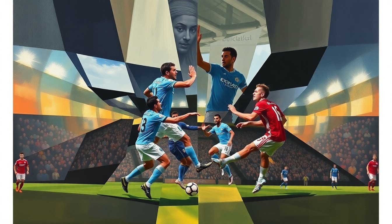 A fragmented, geometric painting depicting a key moment from the Manchester City vs. Birmingham City match, with sharp, overlapping planes of color and form capturing the intensity of the game.