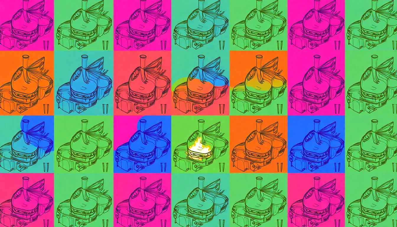 A high-contrast, silkscreen-style grid of a single, iconic mountain home object like a fireplace or kitchen appliance, rendered in a bold, neon color palette that transforms the everyday into modern pop art.