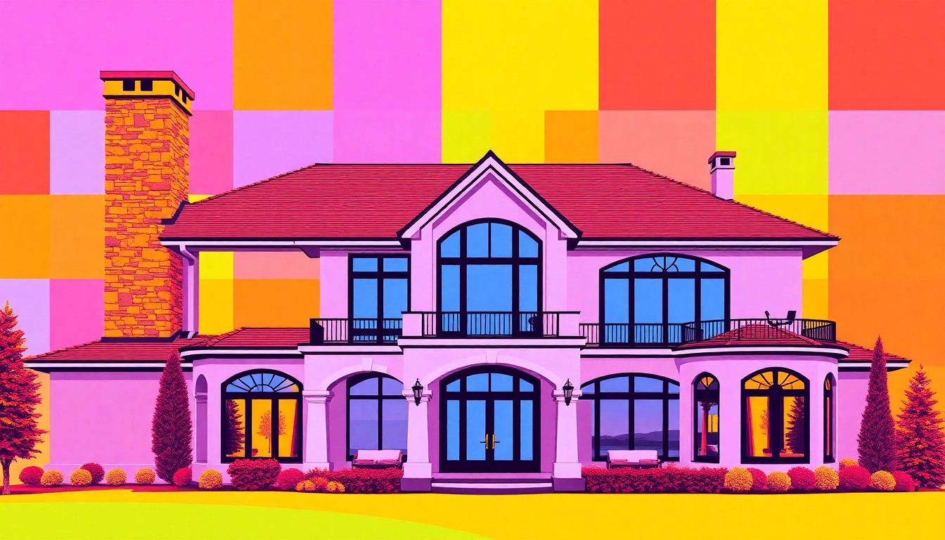 A brightly colored, high-contrast silkscreen print of a large stone chimney and panoramic lake view window of a luxury home, repeated in a tight grid pattern with vibrant neon color palettes and heavy black outlines, conceptually representing the modern pop art style of luxury real estate.