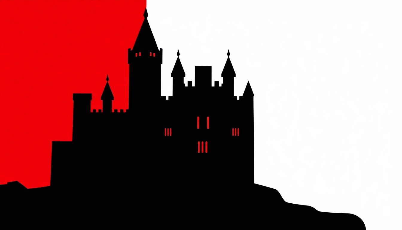An abstract, minimalist illustration depicting the silhouette of the Magic Castle building, rendered in bold black shapes against a high-contrast red and white background, conveying the dramatic nature of the fire incident at this historic Hollywood venue.