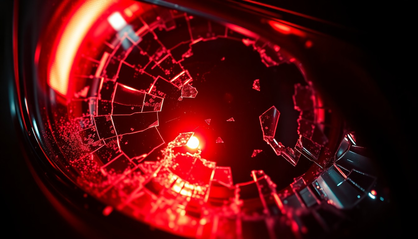 An extreme close-up of a shattered car sensor lens reflecting a faint red light, conceptually illustrating the vandalism of self-driving cars.