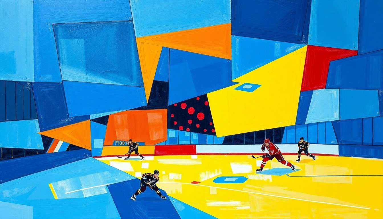 A fractured, cubist-style painting depicting the dynamic motion and overlapping perspectives of a Swedish ice hockey game, with sharp geometric shapes in vibrant blue, yellow, and red colors.