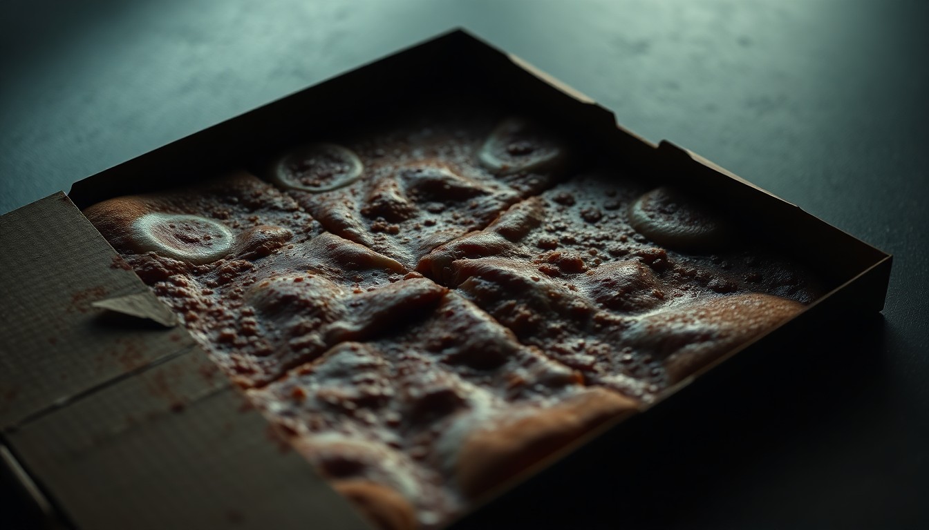 An extreme close-up photograph of a crumpled, greasy pizza box lid, capturing the worn texture and faint reflections in dramatic studio lighting to abstractly represent the themes of isolation and depression in the story.