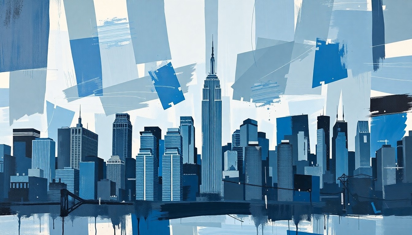 A dynamic, abstract painting of the New York City skyline in shades of blue, grey, and black, with overlapping geometric shapes and lines representing the turbulent political landscape.