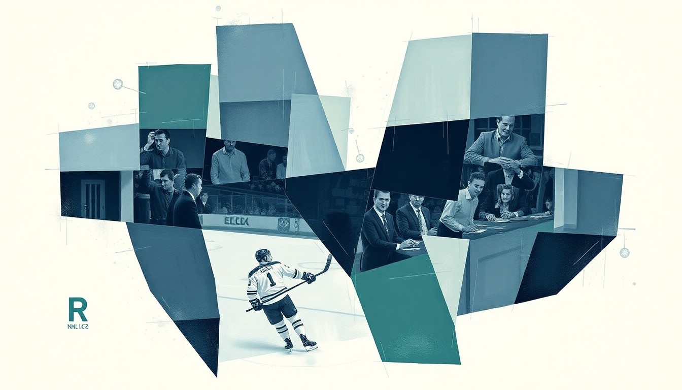 A cubist, geometric painting depicting an abstract hockey scene or NHL front office, with sharp, overlapping planes of muted blues, greys, and greens, conveying the complex and multifaceted nature of modern sports management.