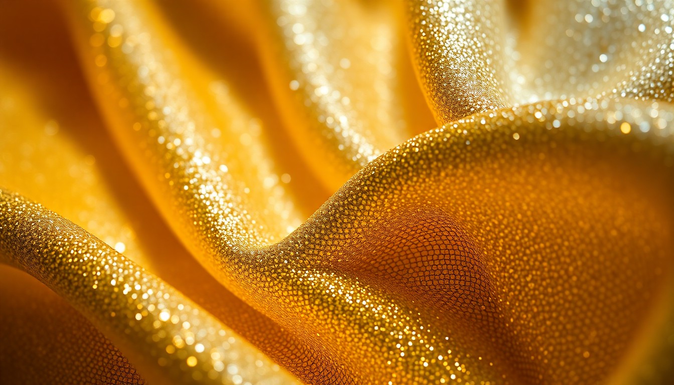 An extreme close-up of richly textured, glittering gold and silver materials, conceptually representing the luxurious, high-fantasy world of the Harry Potter universe.