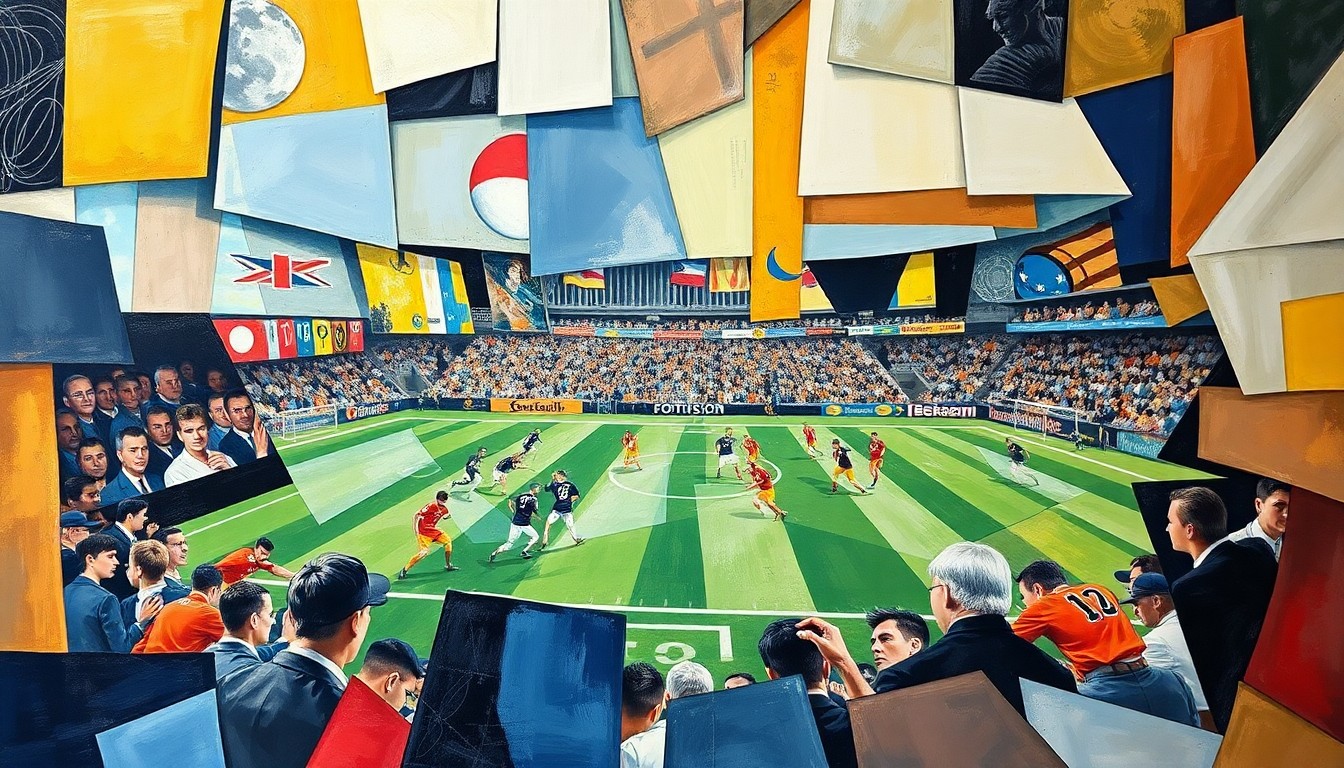 A cubist, geometric painting depicting a fragmented football game, with players and the field reduced to sharp, overlapping shapes and planes, conveying the raw energy and competition of the sport.