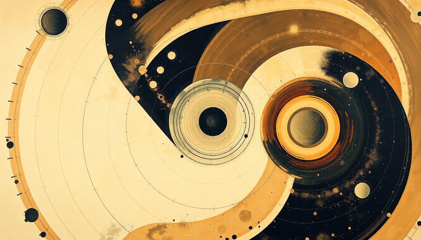 A visually striking abstract painting featuring sweeping geometric shapes, concentric circles, and intersecting waveforms in earthy tones, conceptually representing the complex forces and concepts of space exploration.