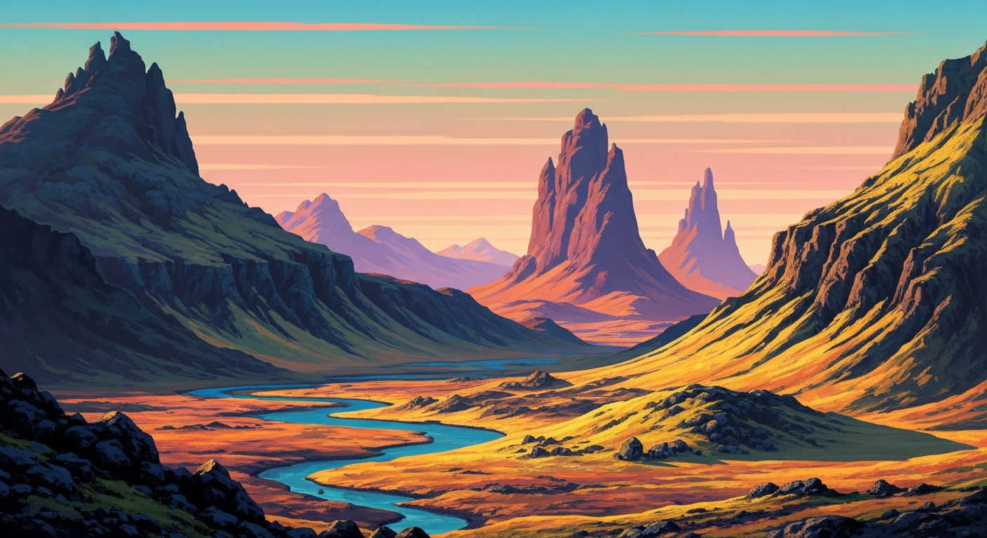 A highly stylized, geometric aerial illustration of Iceland's rugged landscape, featuring sweeping gradients and towering forced perspectives that evoke a sense of grandeur and emotional resonance.