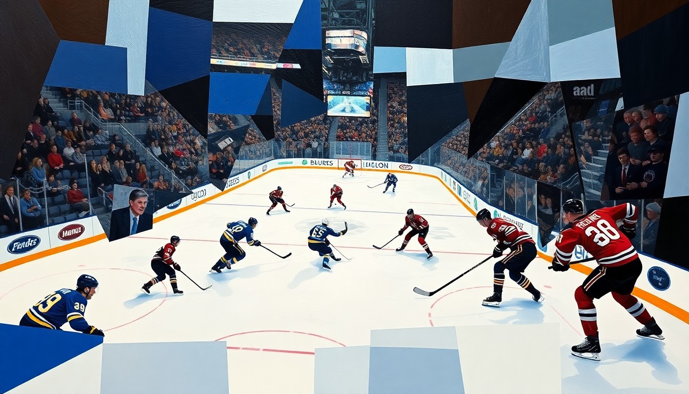 A fractured, multi-perspective painting in a cubist style, breaking down a hockey game between the St. Louis Blues and Chicago Blackhawks into sharp, overlapping geometric planes. The players' movements and the energy of the game are captured through the cubist style, without any identifiable elements.