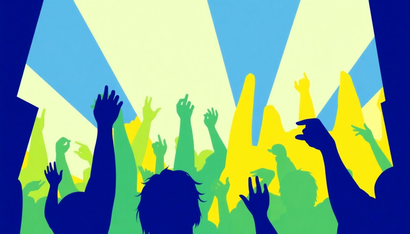 A dynamic, abstract illustration featuring overlapping geometric shapes in shades of blue, green, and yellow, capturing the vibrant energy and community spirit of an outdoor music festival.