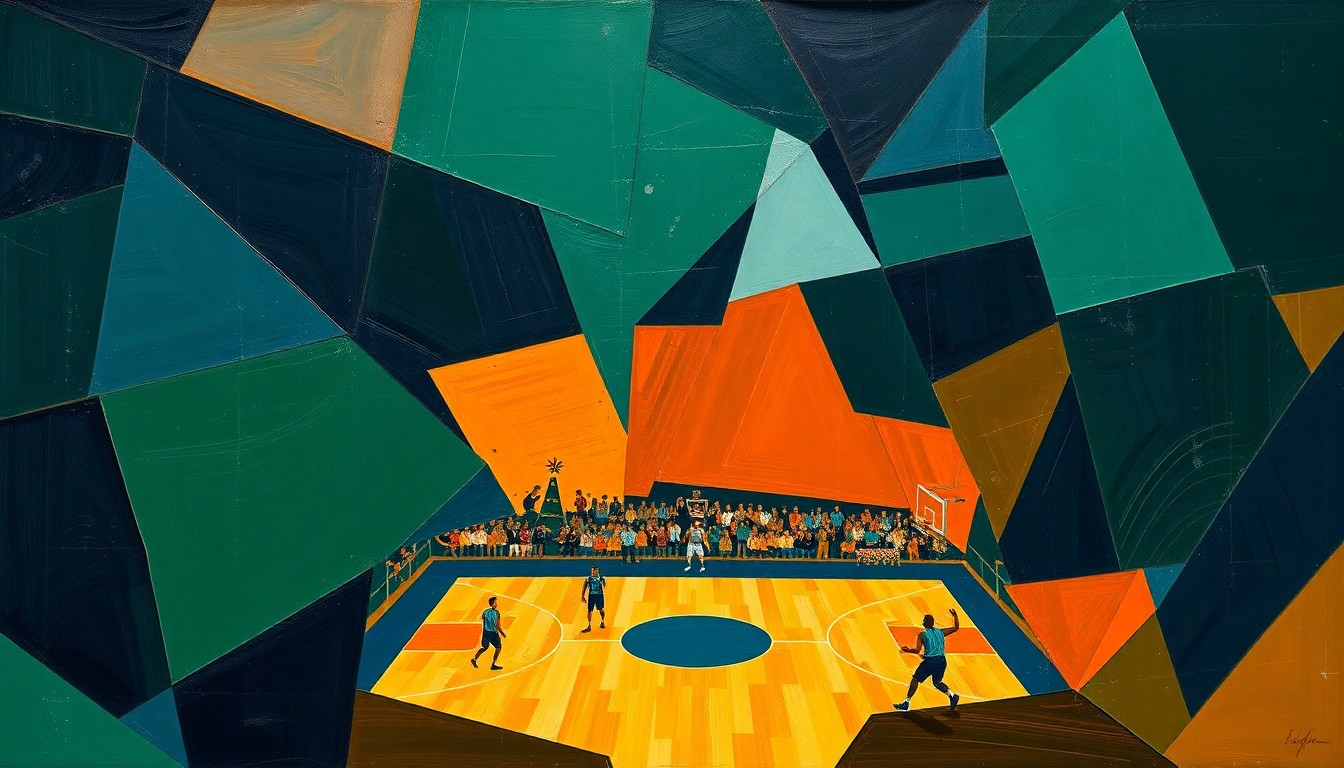 A cubist, geometric painting depicting a fragmented basketball court and players, rendered in bold, overlapping shapes and colors that capture the dynamic energy of the sport.