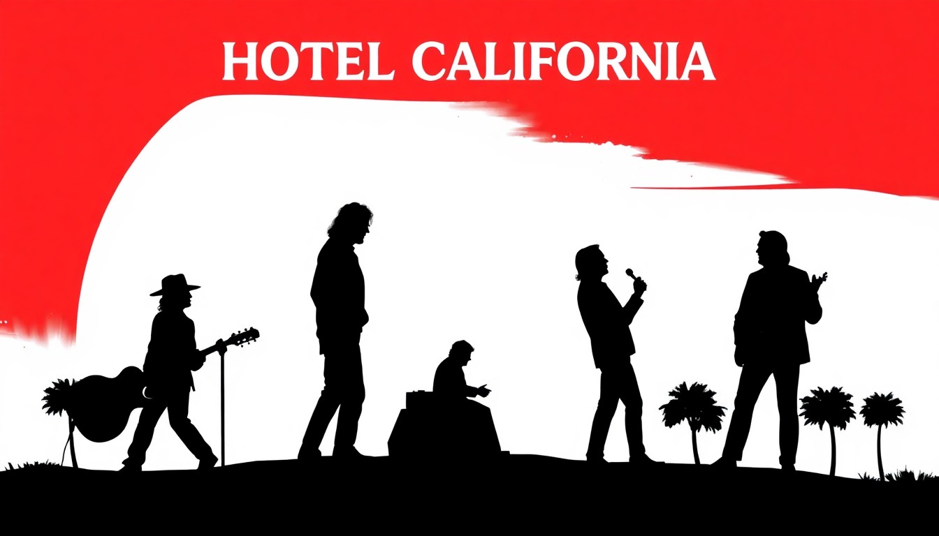 A striking black silhouette of the iconic Hotel California album cover art, rendered in a bold, minimalist graphic style with splashes of bright red and white, conceptually representing the band's enduring musical legacy.