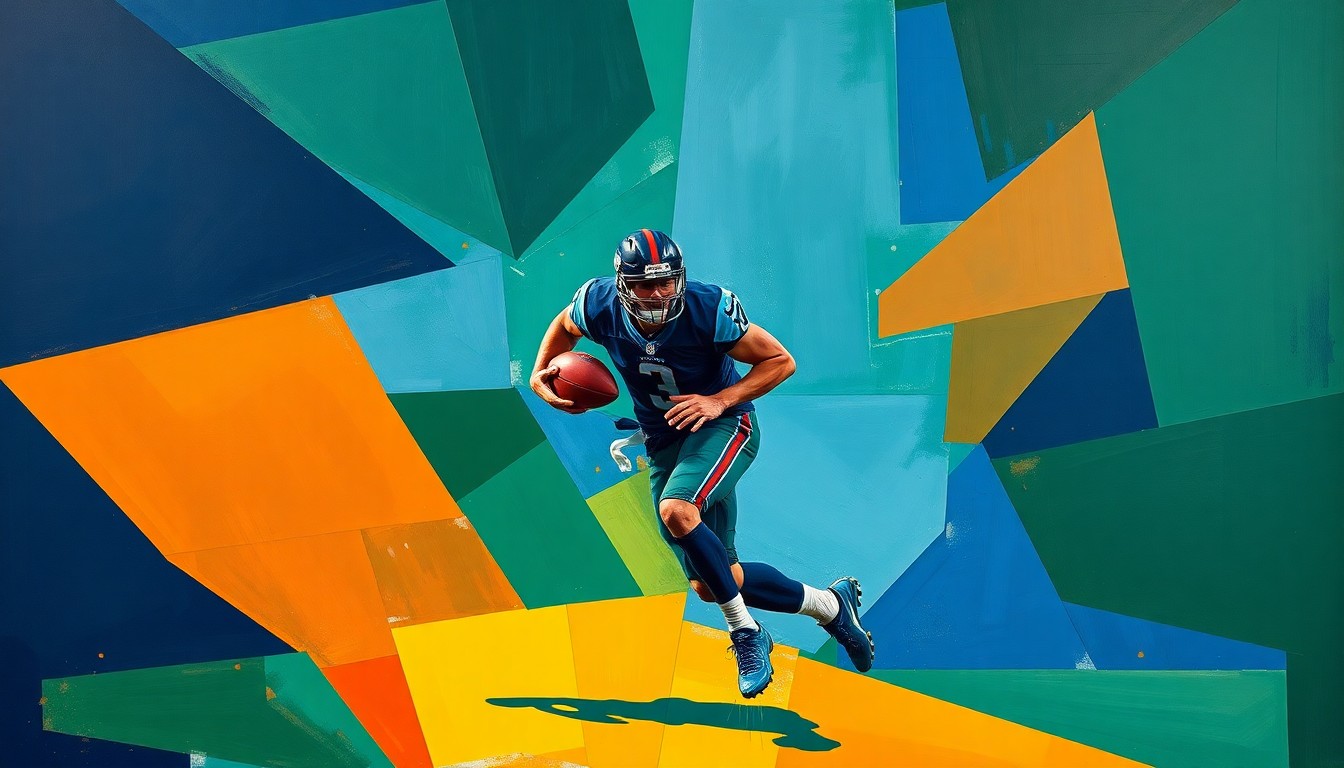 A cubist-style painting featuring overlapping geometric shapes in navy, green, and orange, depicting a football player in mid-motion, conveying the raw power and energy of a dominant pass rusher.