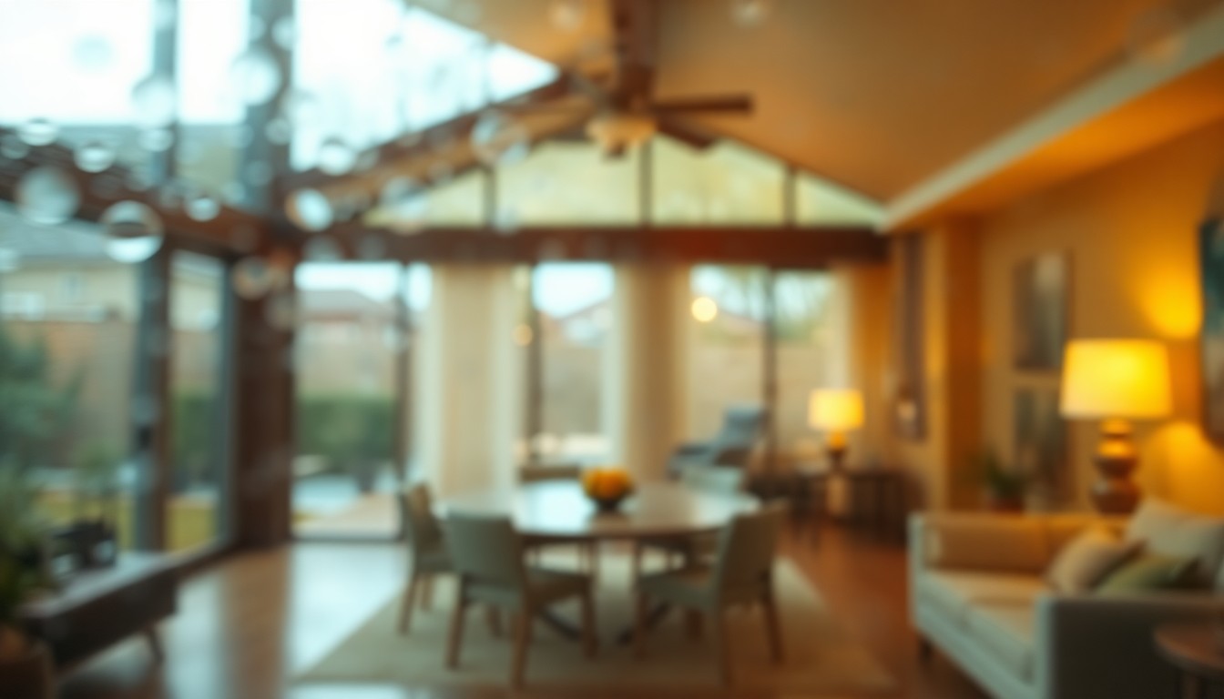 An abstract, out-of-focus image featuring soft, warm pools of light and color, conceptually representing the cozy, inviting atmosphere of a mid-century modern home interior.