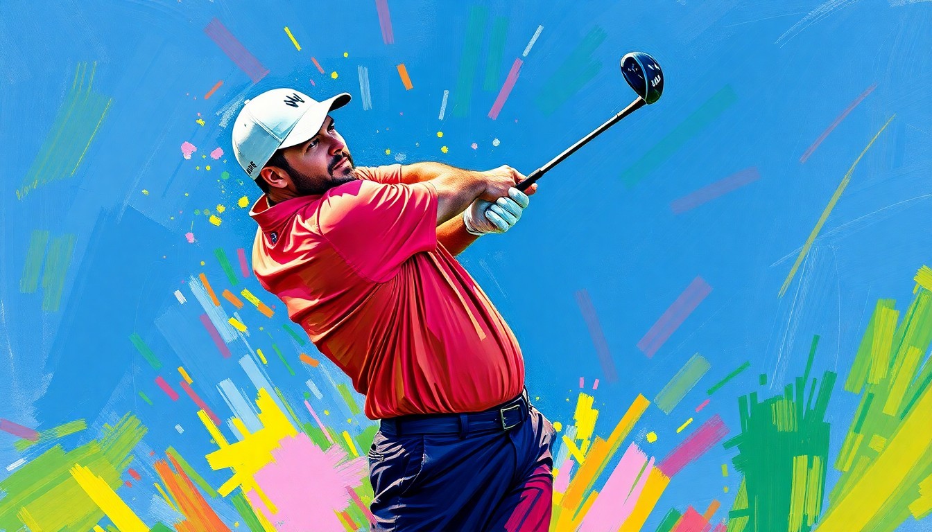 A dynamic, colorful painting depicting the explosive energy and movement of a golfer's swing, conceptually representing Shane Lowry's clutch hole-in-one at the Masters.