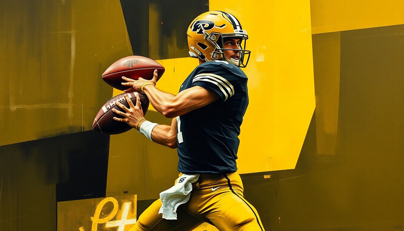 A cubist, geometric painting depicting a Purdue football quarterback in motion, with the player's form fractured and abstracted into overlapping planes of gold and black, capturing the dynamic energy of the sport.