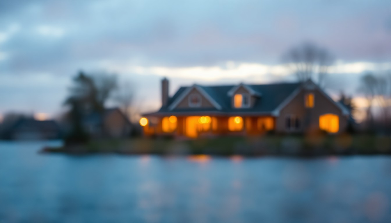 An abstract, out-of-focus photograph of a lakefront home scene, with soft pools of warm orange, yellow, and blue light creating a dreamy, atmospheric mood.