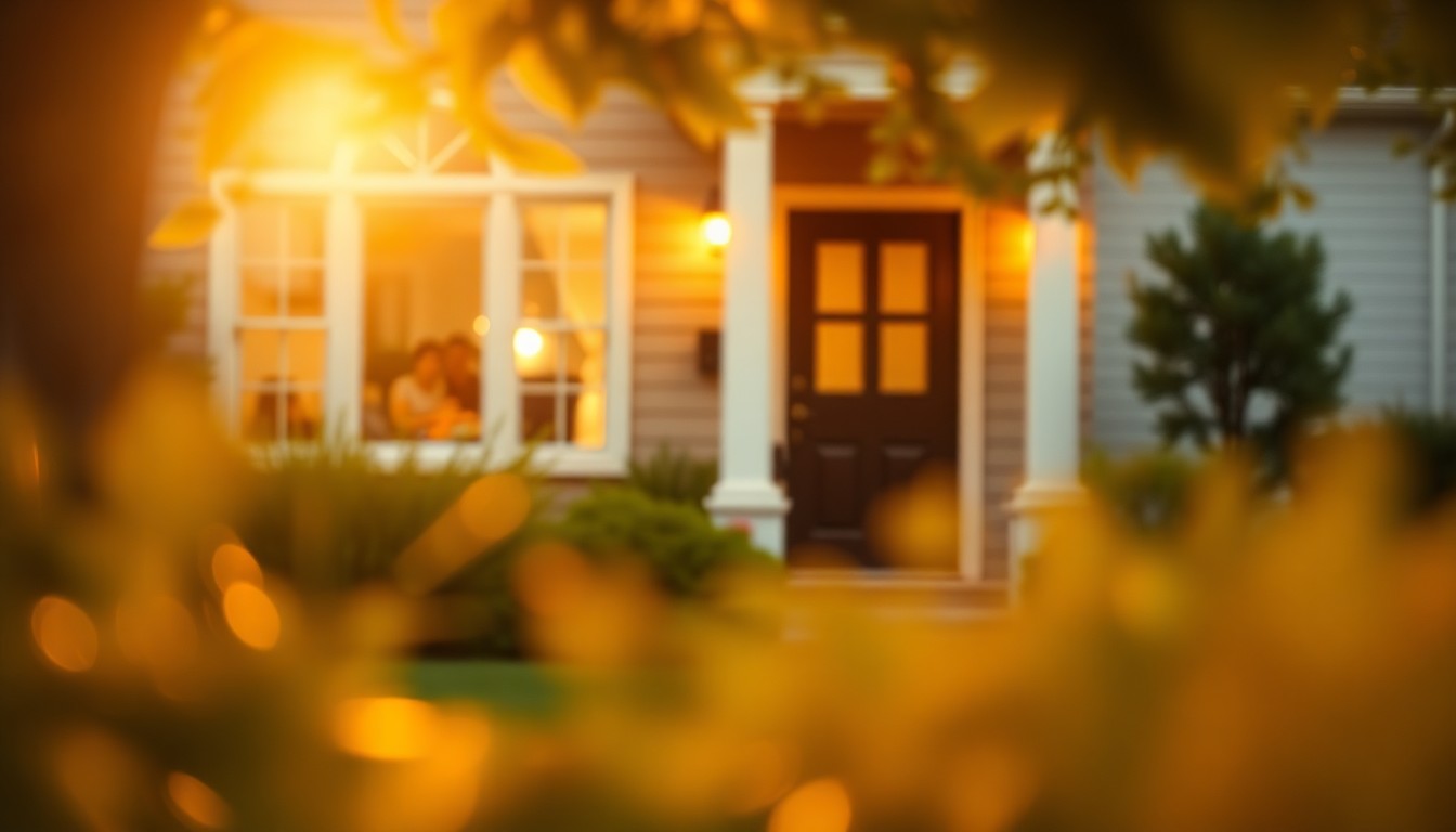 An abstract, impressionistic photograph of a suburban home exterior, with soft, warm light and blurred greenery creating a cozy, inviting atmosphere.