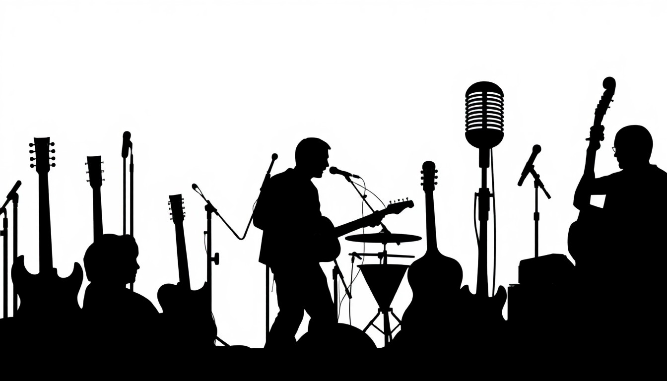 A minimalist, graphic illustration featuring bold black silhouettes of musical instruments and performance elements against a high-contrast background of solid red and white shapes, conceptually representing the energy and creativity of an open mic event.