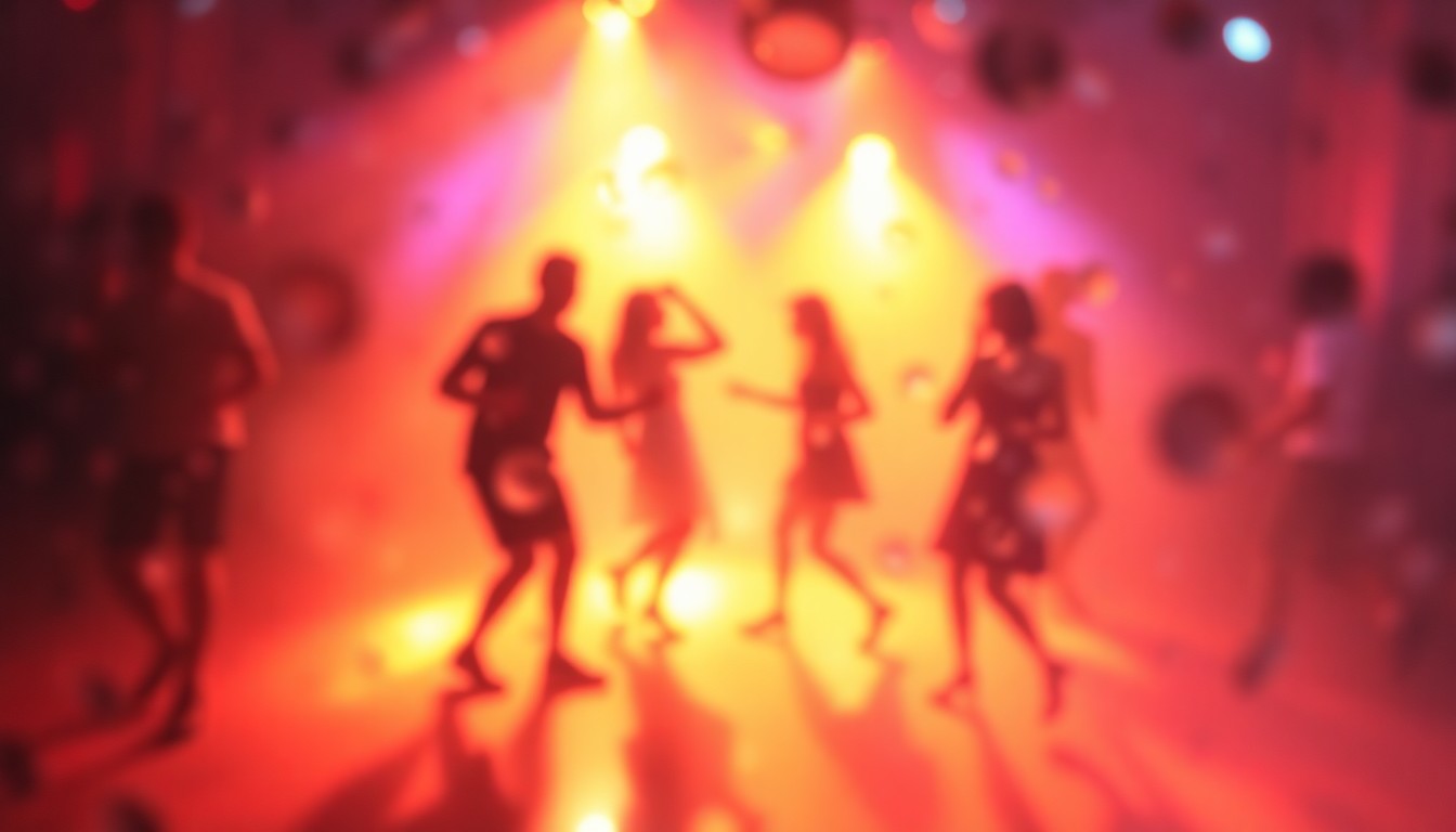 An abstract, impressionistic scene of blurred, colorful shapes and silhouettes representing the energy and movement of a dance floor.