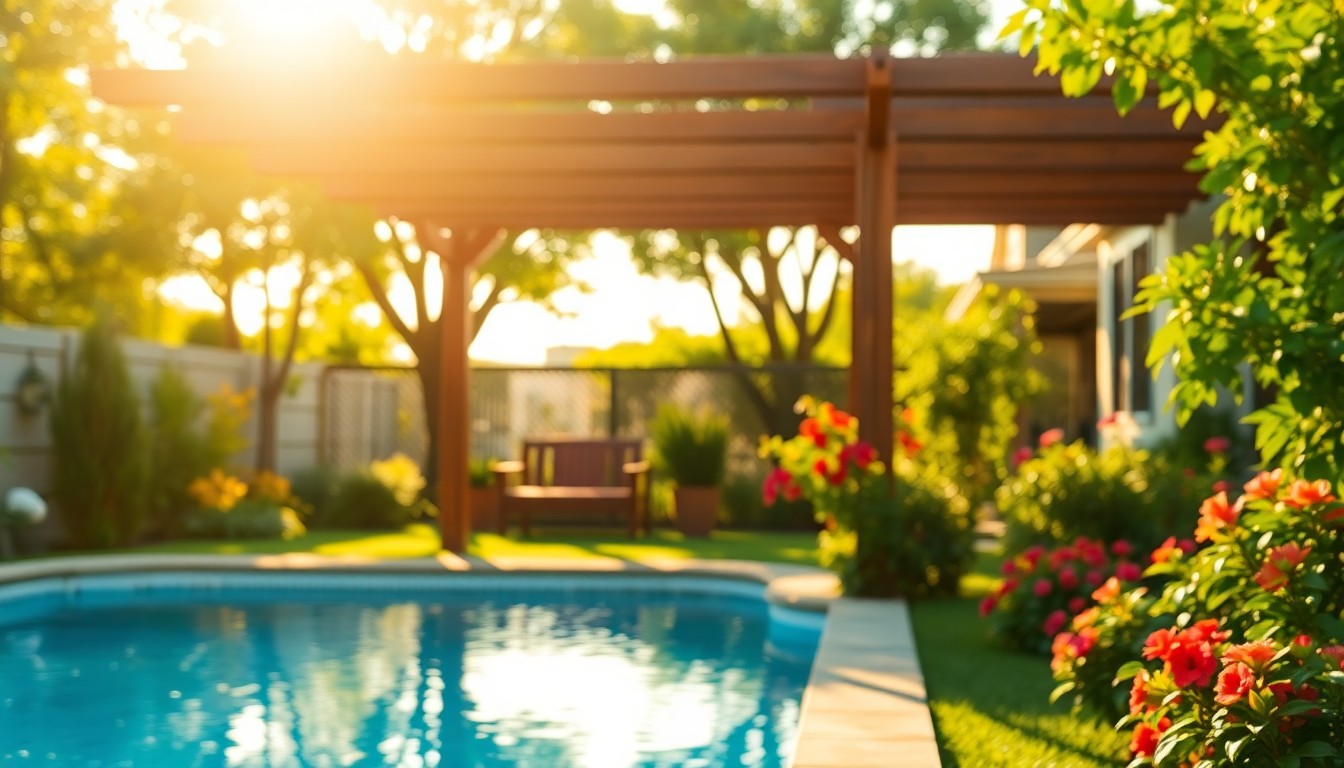 An extremely abstracted, out-of-focus photograph of a backyard scene with a pool, pergola, and garden beds, all captured in soft, warm pools of light and color.